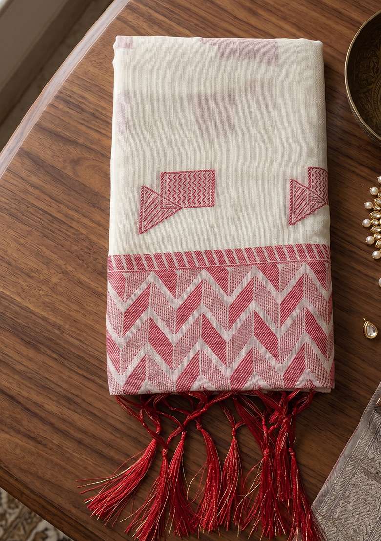 Off White Zari Work Linen Saree Set - Indya