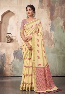 Cream Zari Work Linen Saree Set