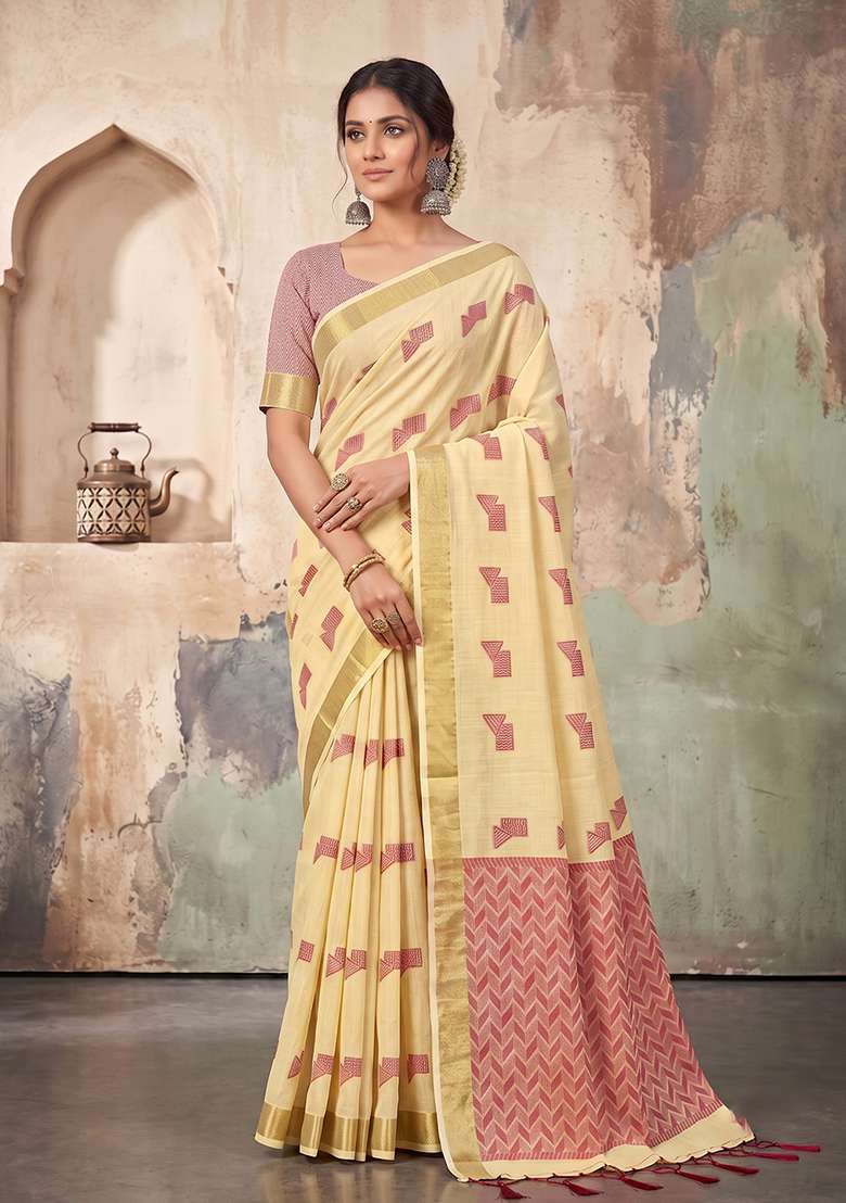 Cream Zari Work Linen Saree Set - Indya