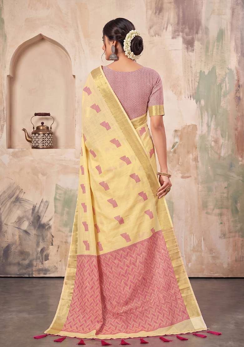 Cream Zari Work Linen Saree Set - Indya