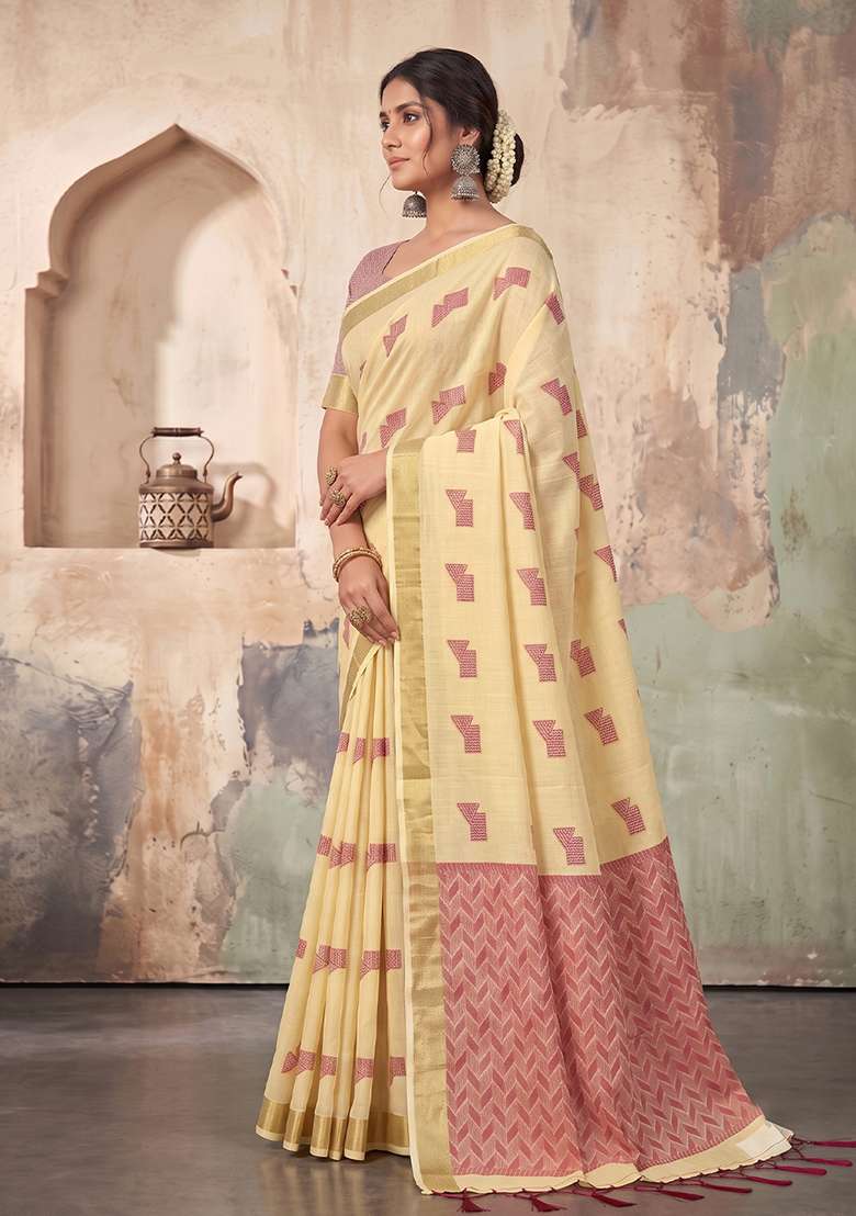 Cream Zari Work Linen Saree Set - Indya