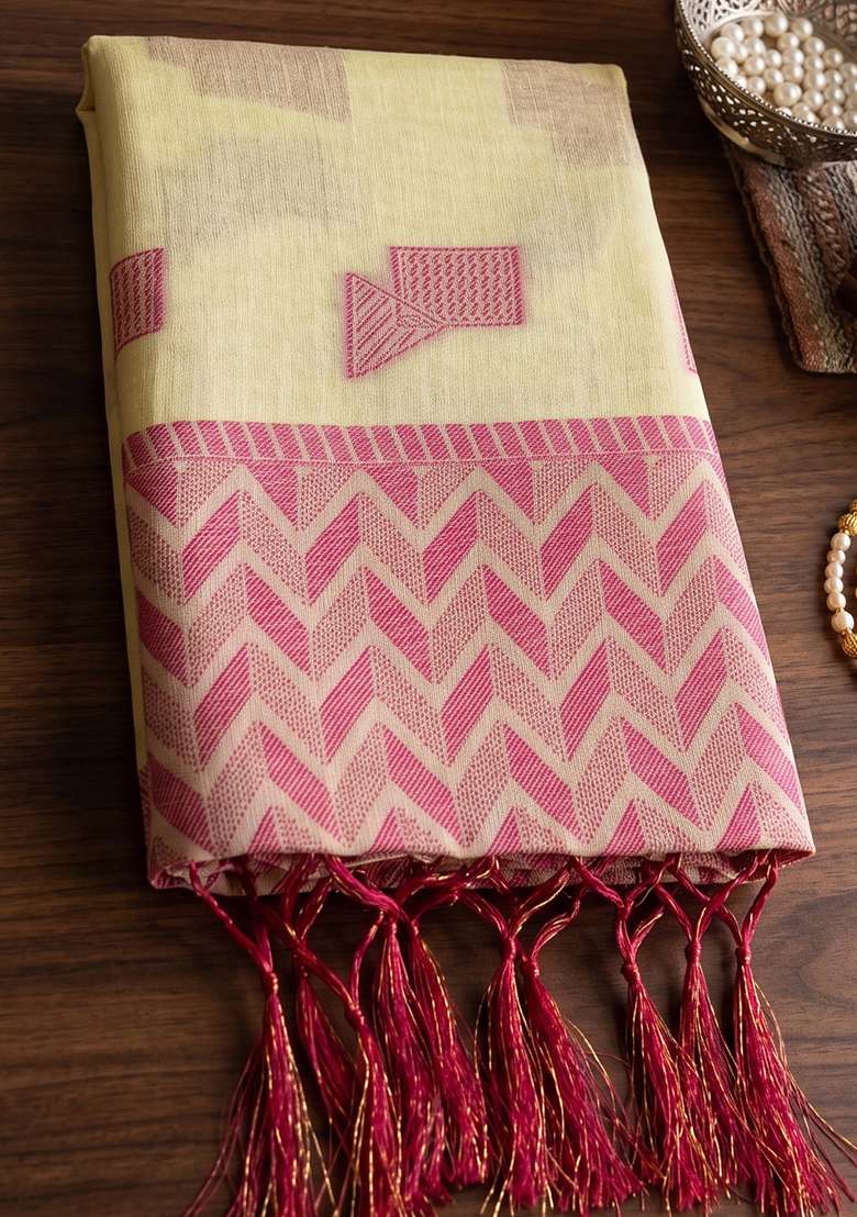 Cream Zari Work Linen Saree Set - Indya