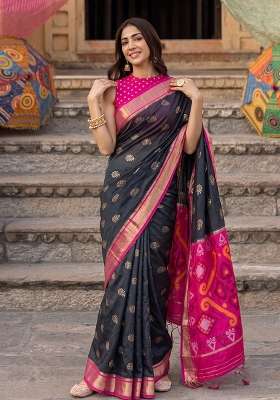 Black And Rani Pink Zari Work Silk Saree Set