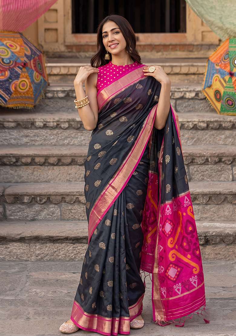 Black And Rani Pink Zari Work Silk Saree Set - Indya