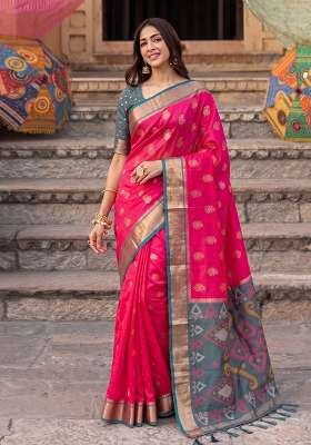 Rani Pink And Grey Zari Work Silk Saree Set