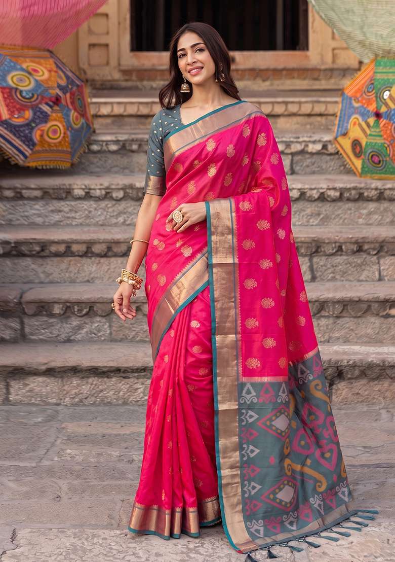 Rani Pink And Grey Zari Work Silk Saree Set - Indya