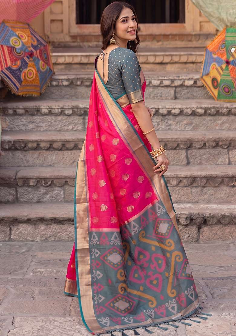 Rani Pink And Grey Zari Work Silk Saree Set - Indya