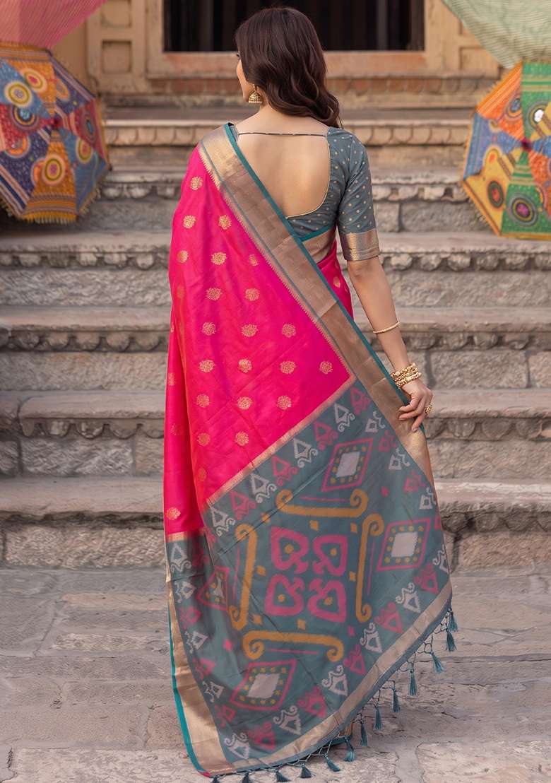 Rani Pink And Grey Zari Work Silk Saree Set - Indya