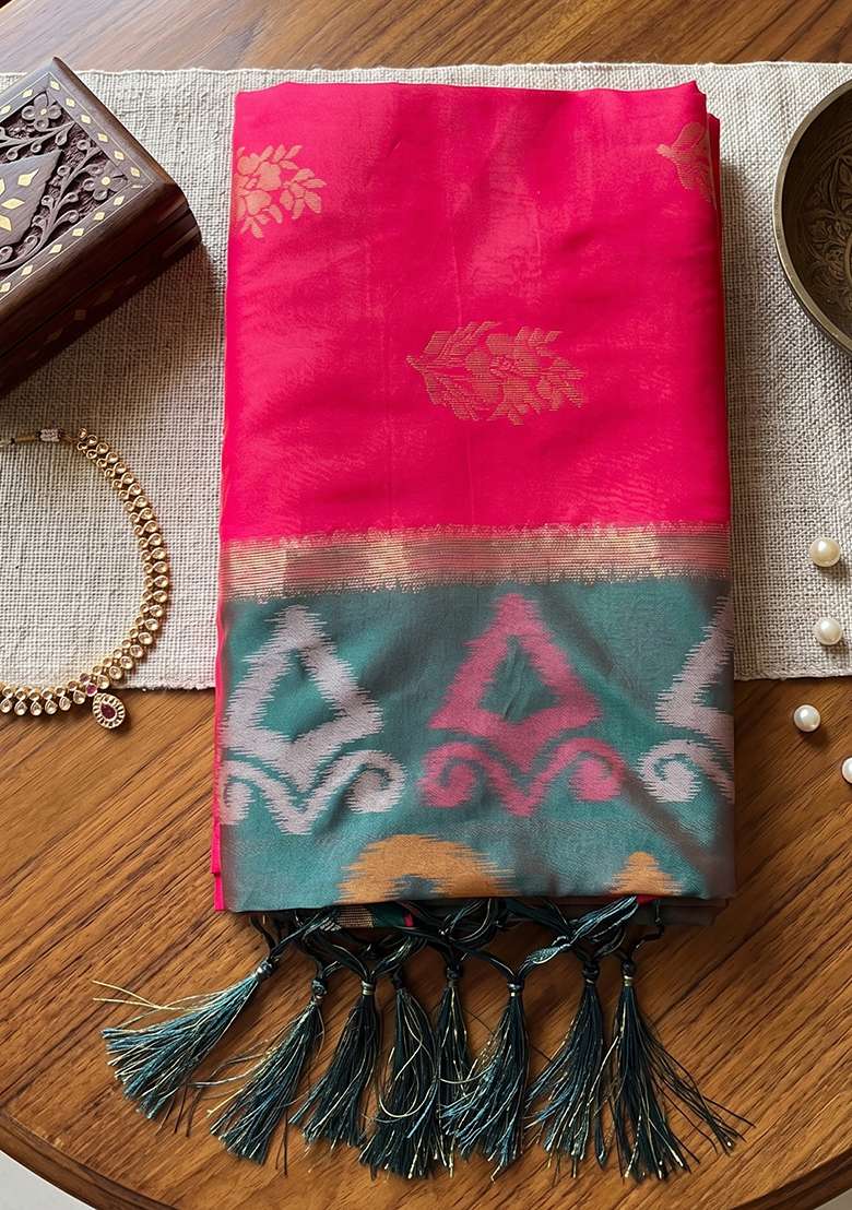 Rani Pink And Grey Zari Work Silk Saree Set - Indya
