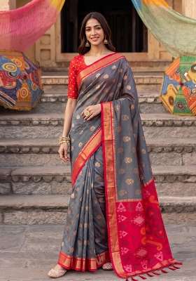 Grey And Red Zari Work Silk Saree Set