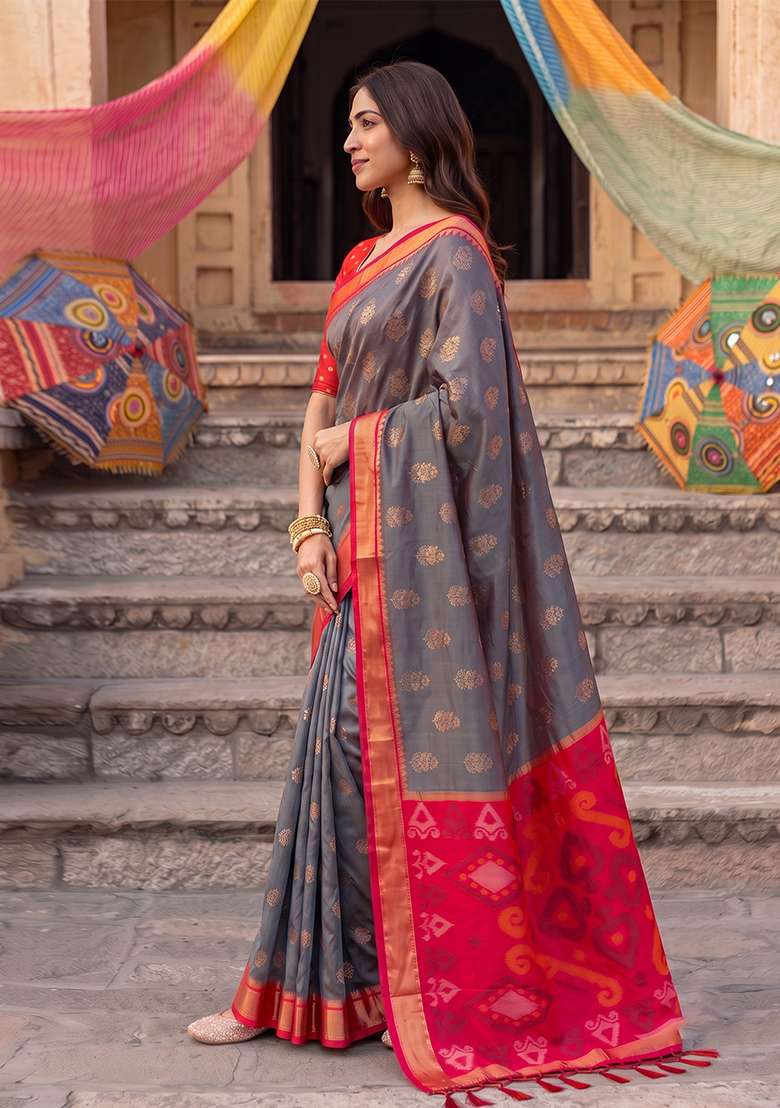 Grey And Red Zari Work Silk Saree Set - Indya