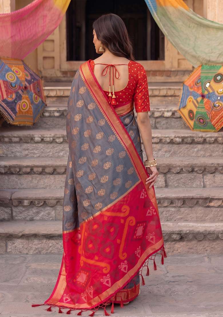 Grey And Red Zari Work Silk Saree Set - Indya