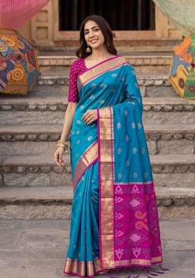 Sky Blue And Rani Pink Zari Work Silk Saree Set