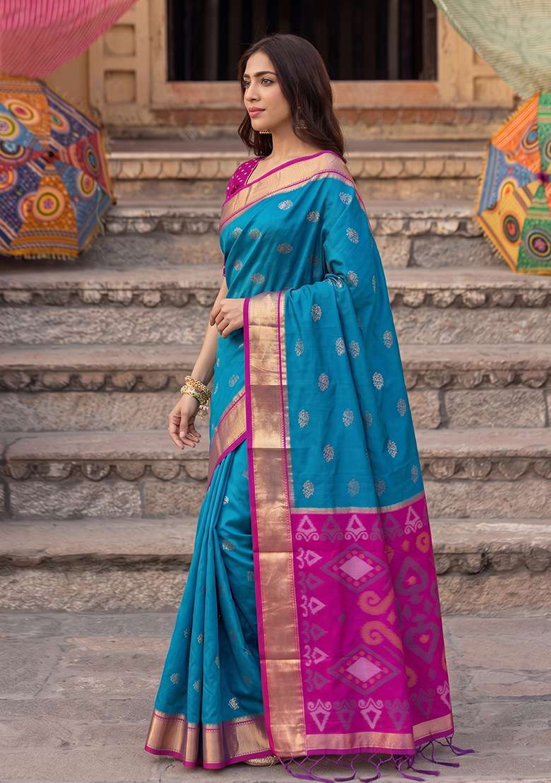 Sky Blue And Rani Pink Zari Work Silk Saree Set - Indya