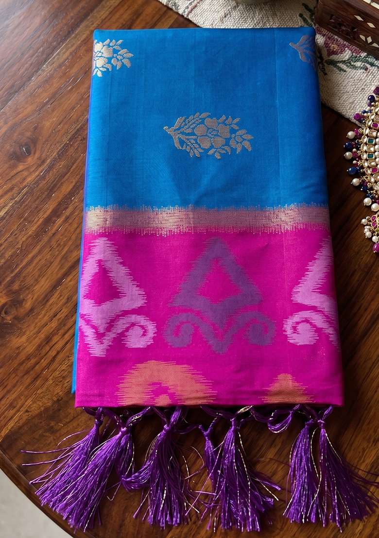 Sky Blue And Rani Pink Zari Work Silk Saree Set - Indya