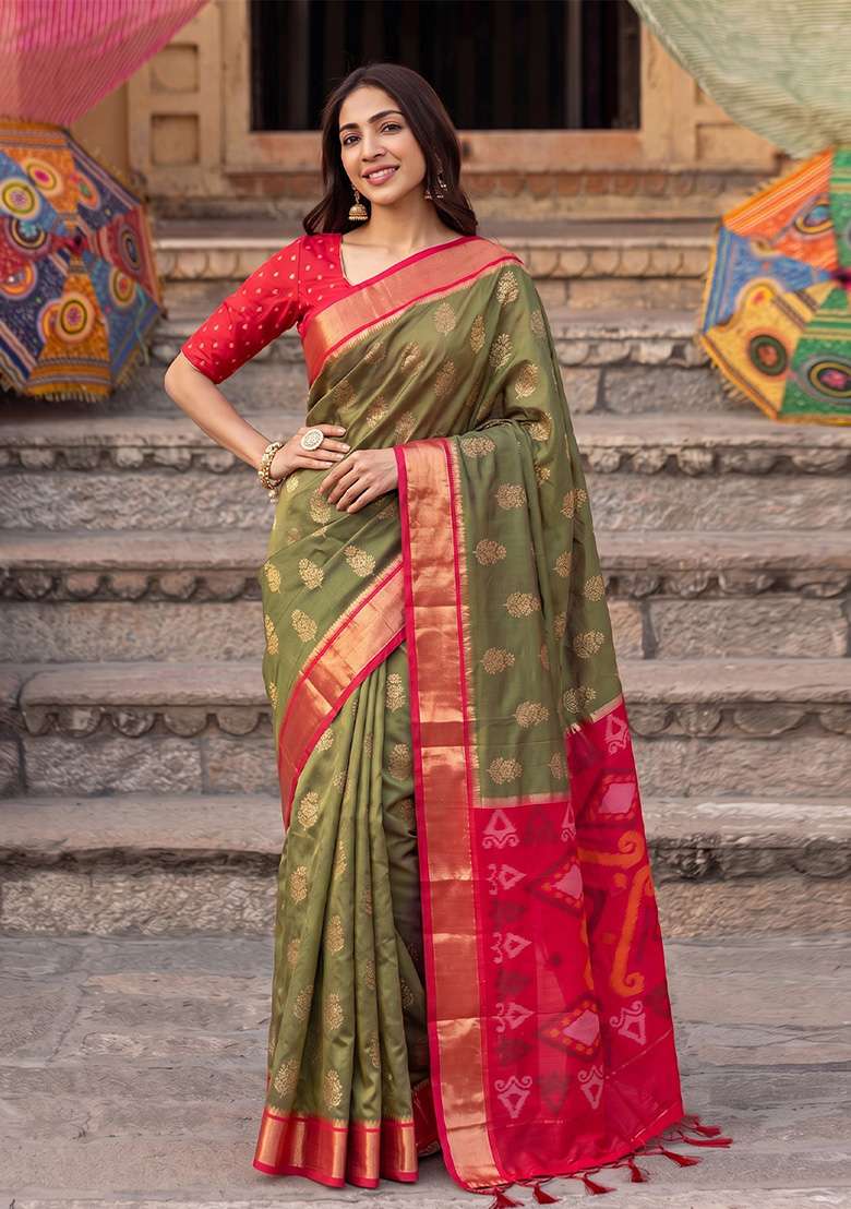 Olive Green And Red Zari Work Silk Saree Set - Indya