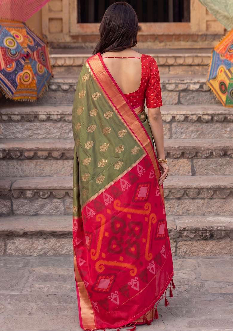 Olive Green And Red Zari Work Silk Saree Set - Indya