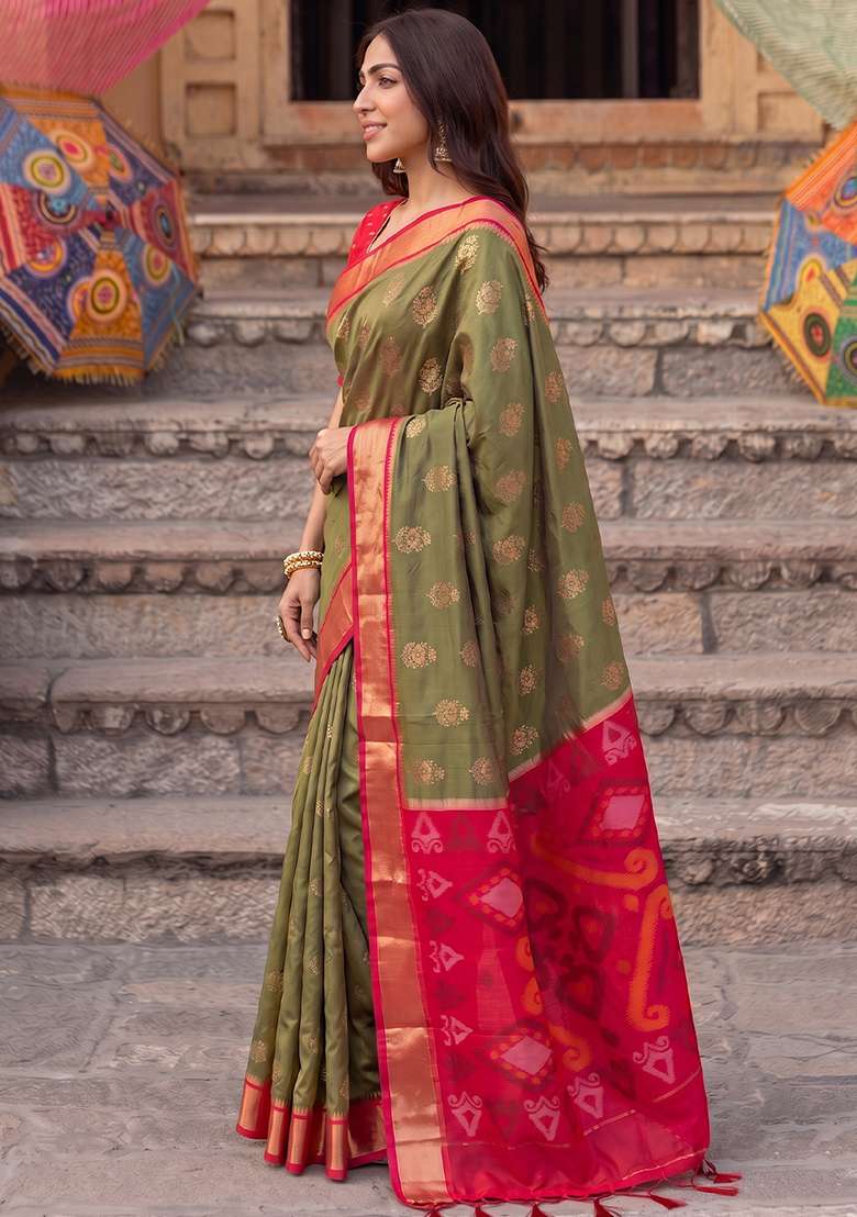 Olive Green And Red Zari Work Silk Saree Set - Indya