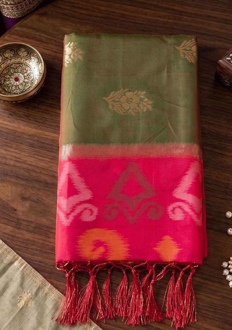 Olive Green And Red Zari Work Silk Saree Set - Indya