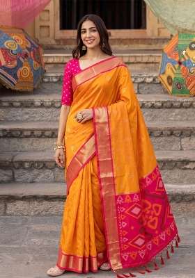 Yellow And Rani Pink Zari Work Silk Saree Set