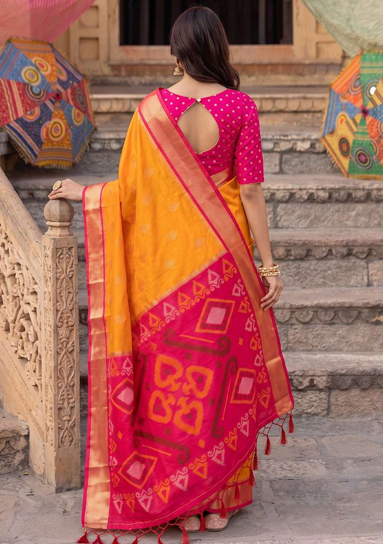 Yellow And Rani Pink Zari Work Silk Saree Set - Indya