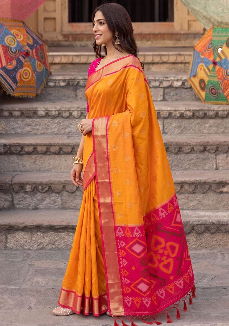 Yellow And Rani Pink Zari Work Silk Saree Set - Indya