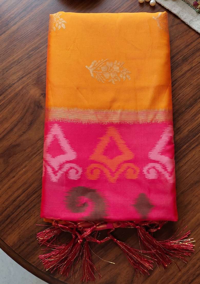 Yellow And Rani Pink Zari Work Silk Saree Set - Indya