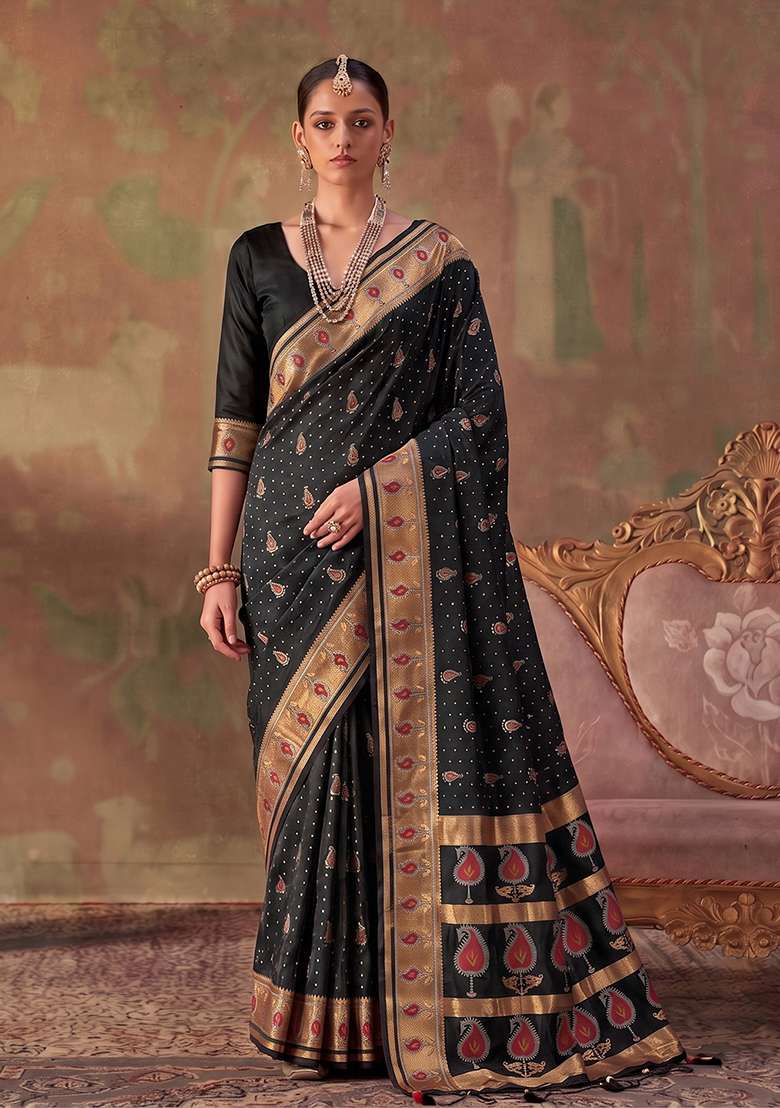 Black Zari Work Silk Saree Set - Indya
