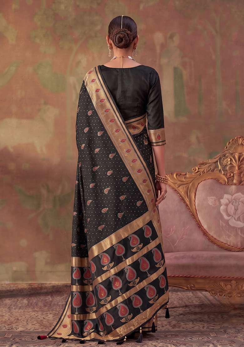 Black Zari Work Silk Saree Set - Indya