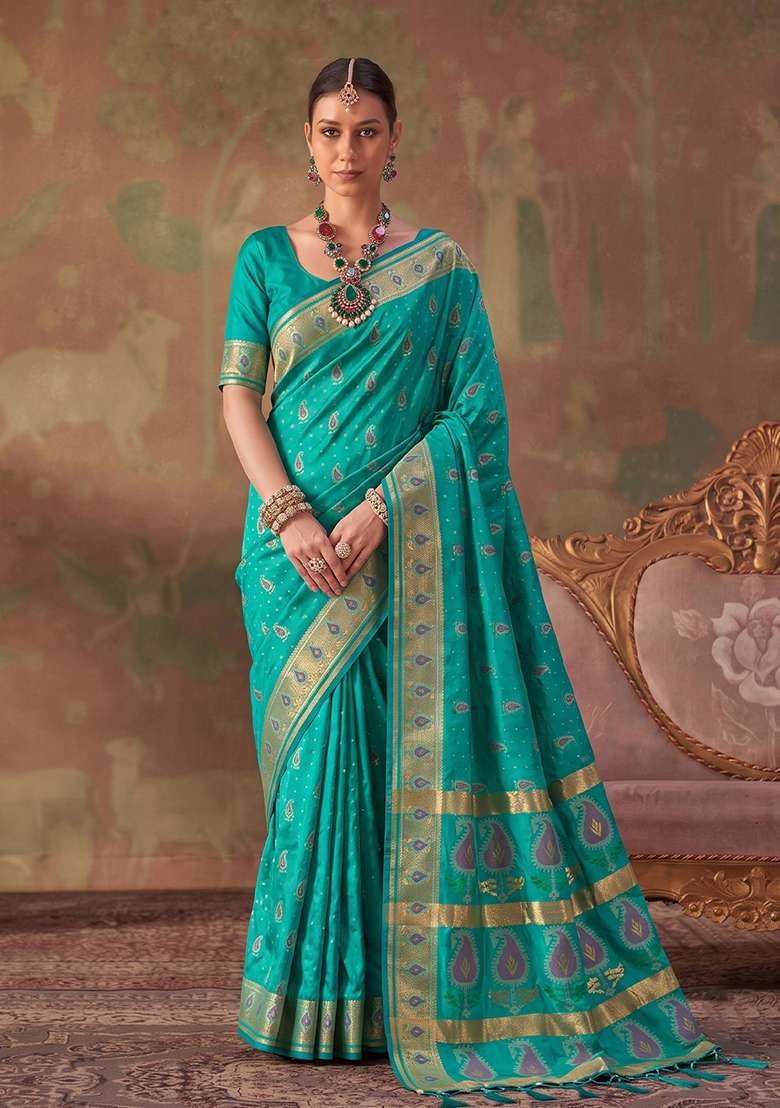 Sea Green Zari Work Silk Saree Set - Indya