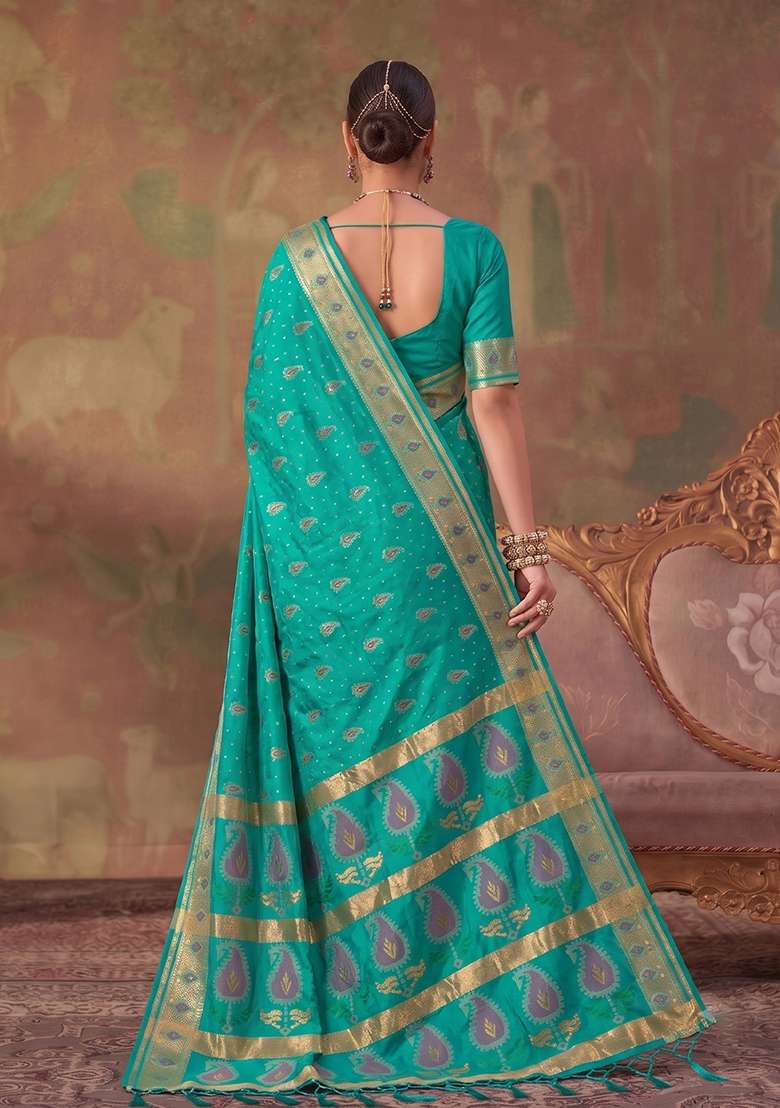 Sea Green Zari Work Silk Saree Set - Indya