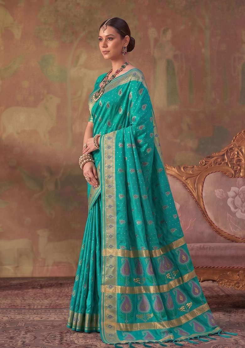 Sea Green Zari Work Silk Saree Set - Indya