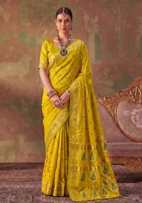 Olive Green Zari Work Silk Saree Set