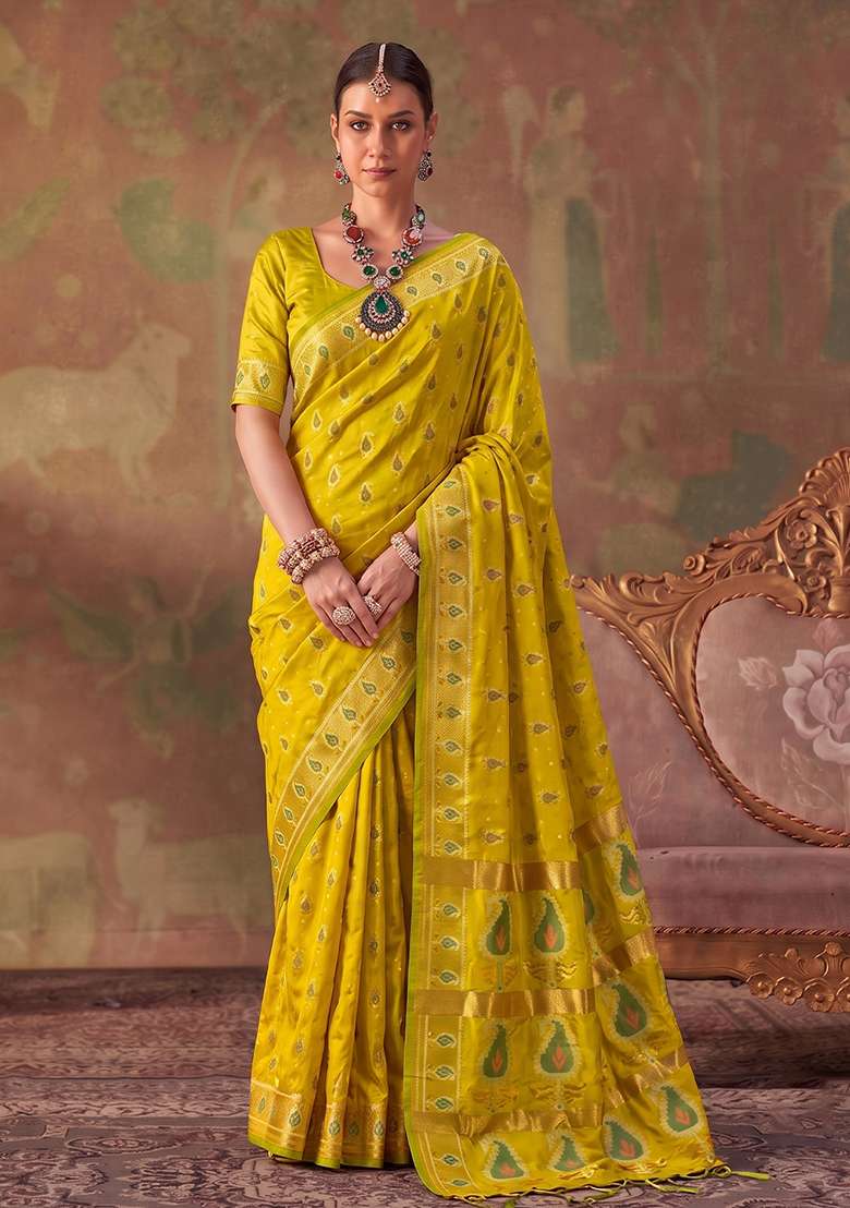 Olive Green Zari Work Silk Saree Set - Indya