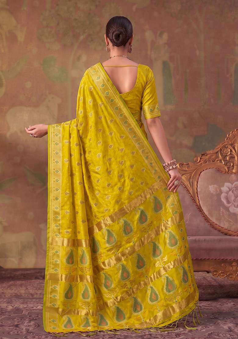 Olive Green Zari Work Silk Saree Set - Indya