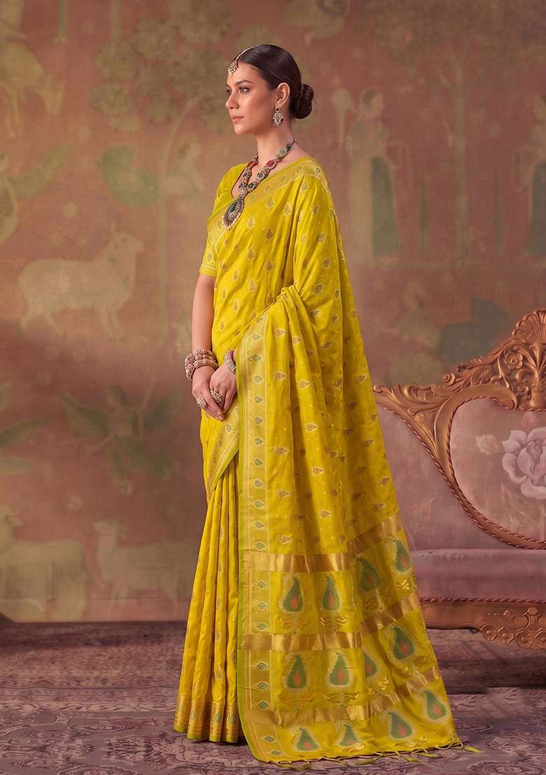 Olive Green Zari Work Silk Saree Set - Indya