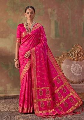 Rani Pink Zari Work Silk Saree Set