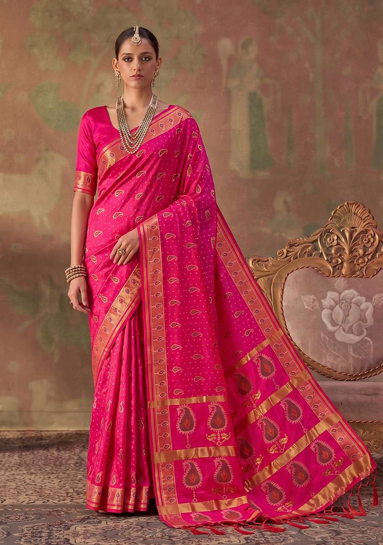 Rani Pink Zari Work Silk Saree Set - Indya