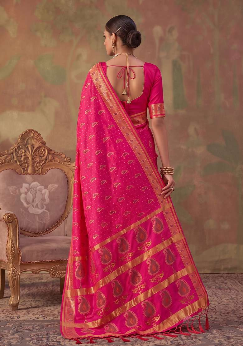 Rani Pink Zari Work Silk Saree Set - Indya