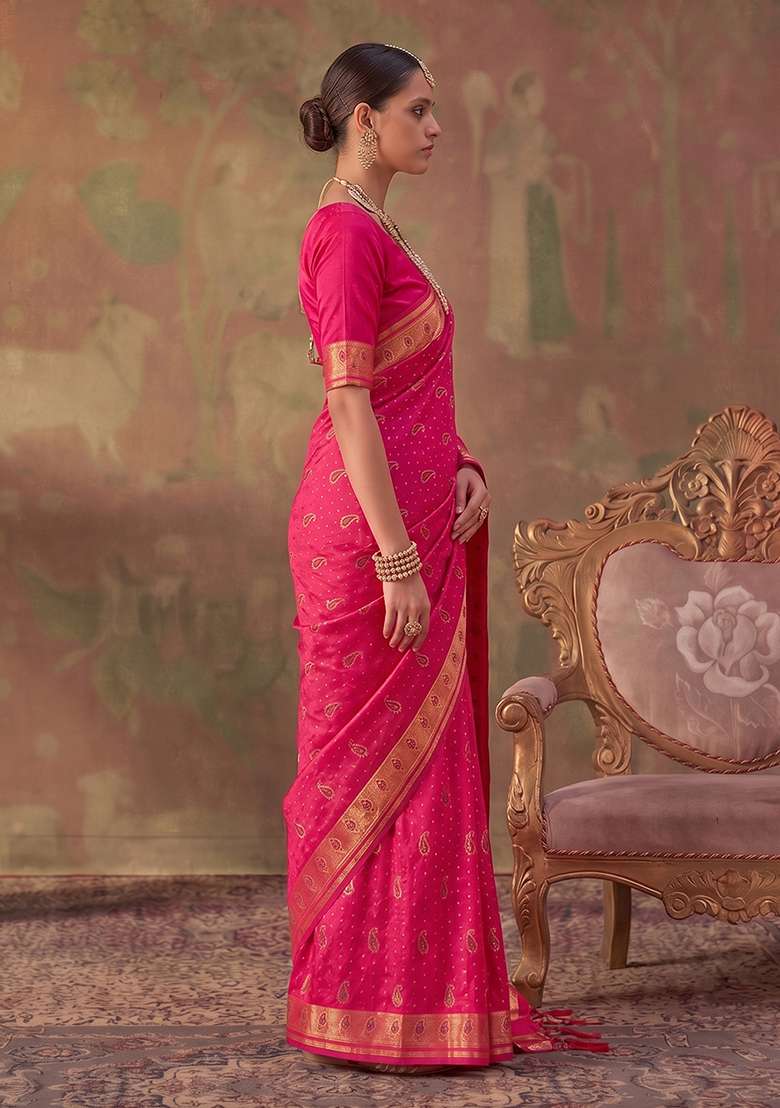 Rani Pink Zari Work Silk Saree Set - Indya