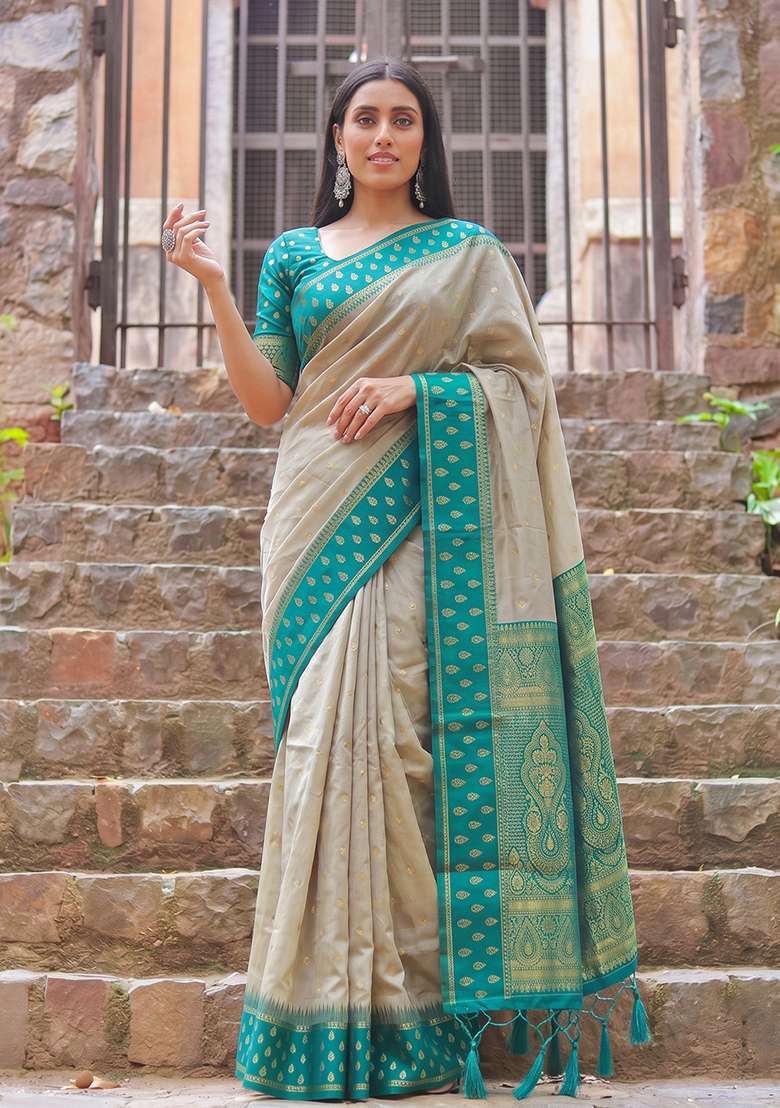 Beige And Sea Green Zari Work Cotton Saree Set - Indya