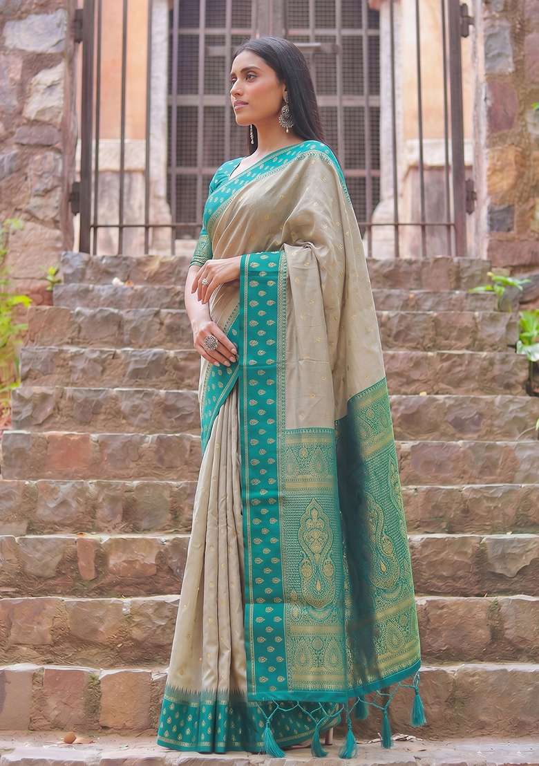 Beige And Sea Green Zari Work Cotton Saree Set - Indya