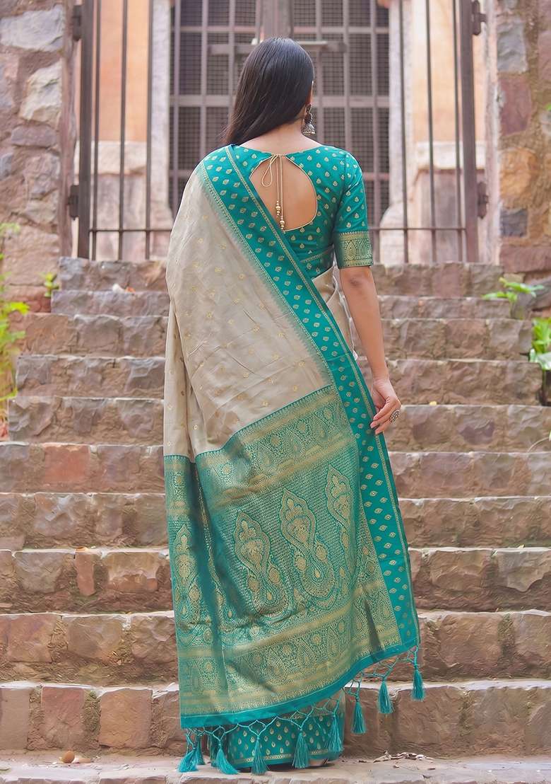 Beige And Sea Green Zari Work Cotton Saree Set - Indya