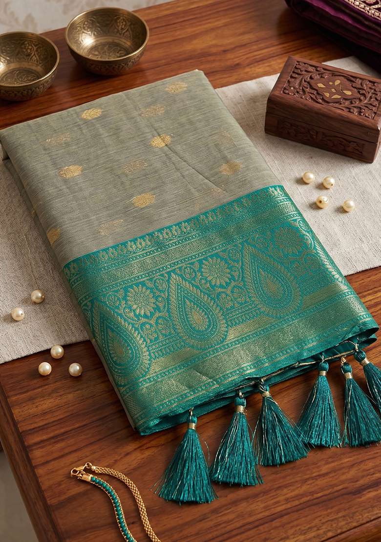 Beige And Sea Green Zari Work Cotton Saree Set - Indya