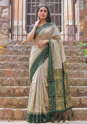 Beige And Green Zari Work Cotton Saree Set