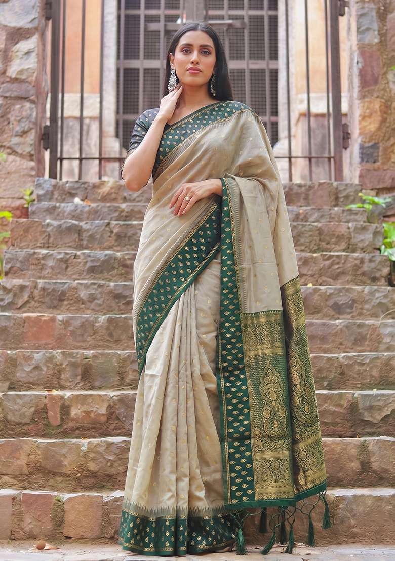 Beige And Green Zari Work Cotton Saree Set - Indya