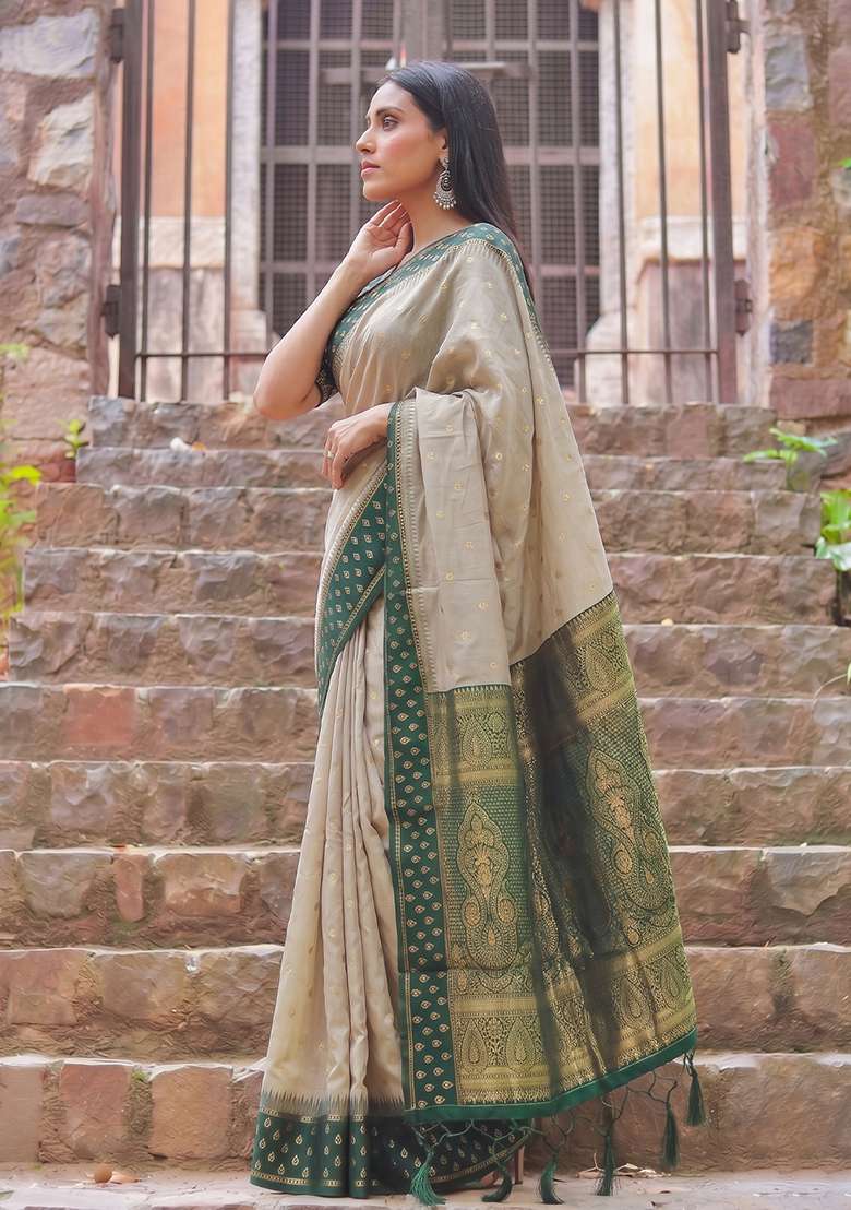 Beige And Green Zari Work Cotton Saree Set - Indya