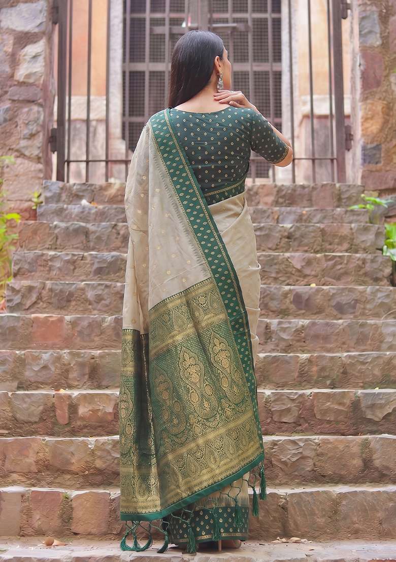 Beige And Green Zari Work Cotton Saree Set - Indya