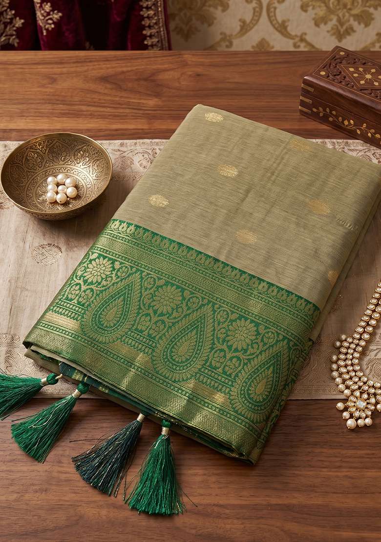 Beige And Green Zari Work Cotton Saree Set - Indya