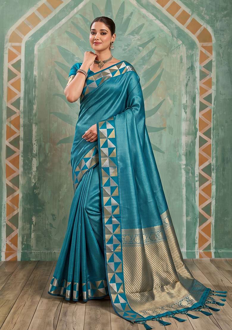 Teal Blue Zari Work Silk Saree Set - Indya